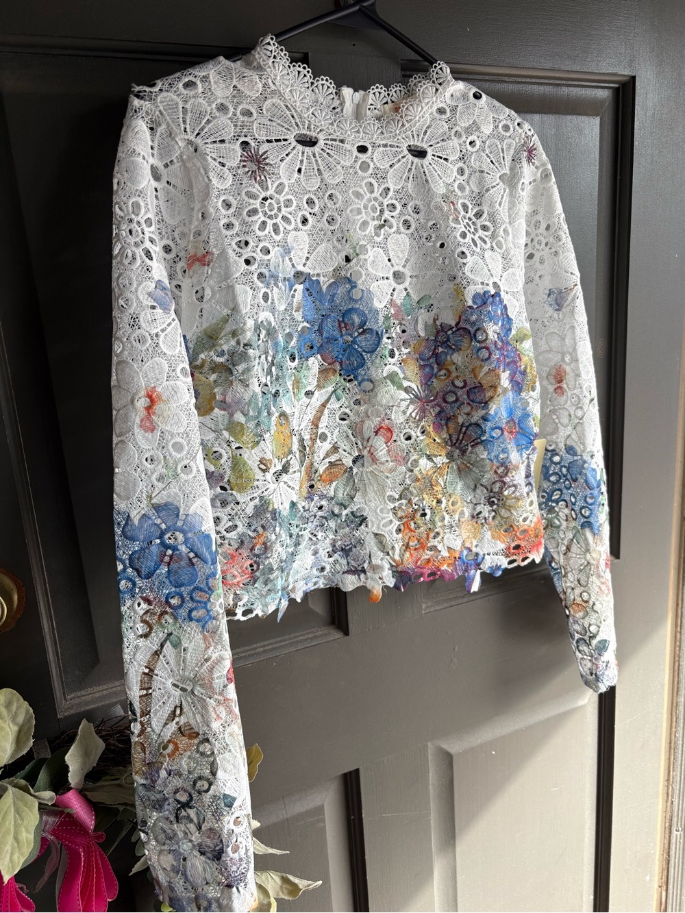 Floral Lace Long-Sleeve Top - White with Multicolor Floral - Picture 8 of 8